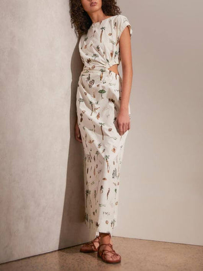 Marigold - Printed Cutout Crew Neck Maxi Dress