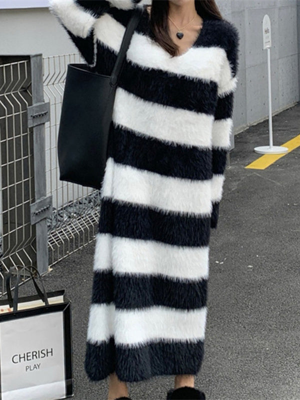 Long Sleeves Loose Striped V-Neck Knit Dresses Midi Dresses