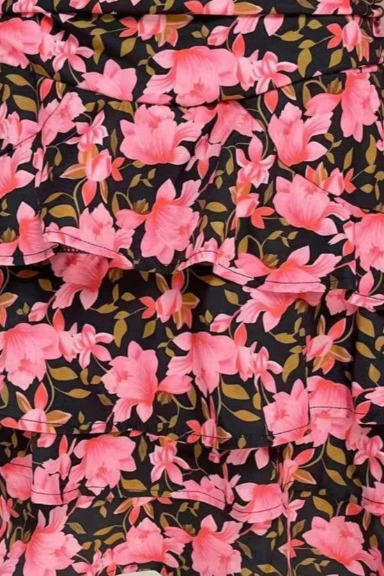 Floral Pleated Ruffle Cut-Out Mini Dress