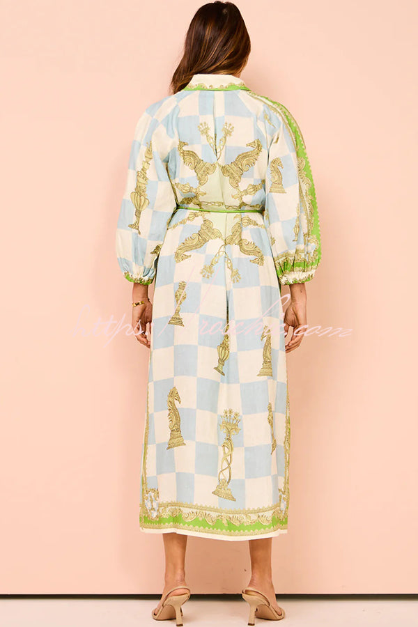 Unique Printed Long Sleeve Drawstring Pocket Shirt Midi Dress