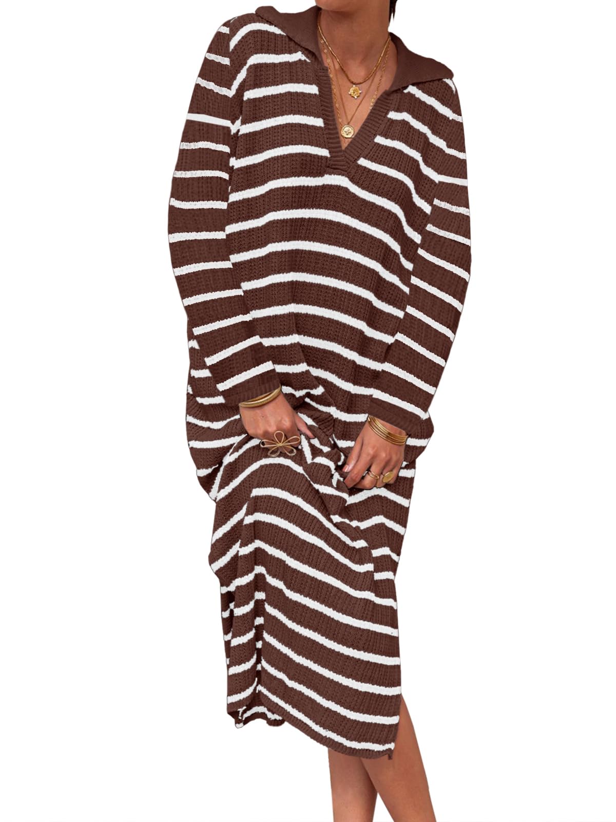 Fall Chunky Knit V Neck Collared Long Sleeve Sexy Slit Loose Midi Dresses