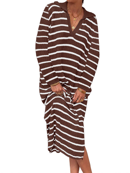 Fall Chunky Knit V Neck Collared Long Sleeve Sexy Slit Loose Midi Dresses