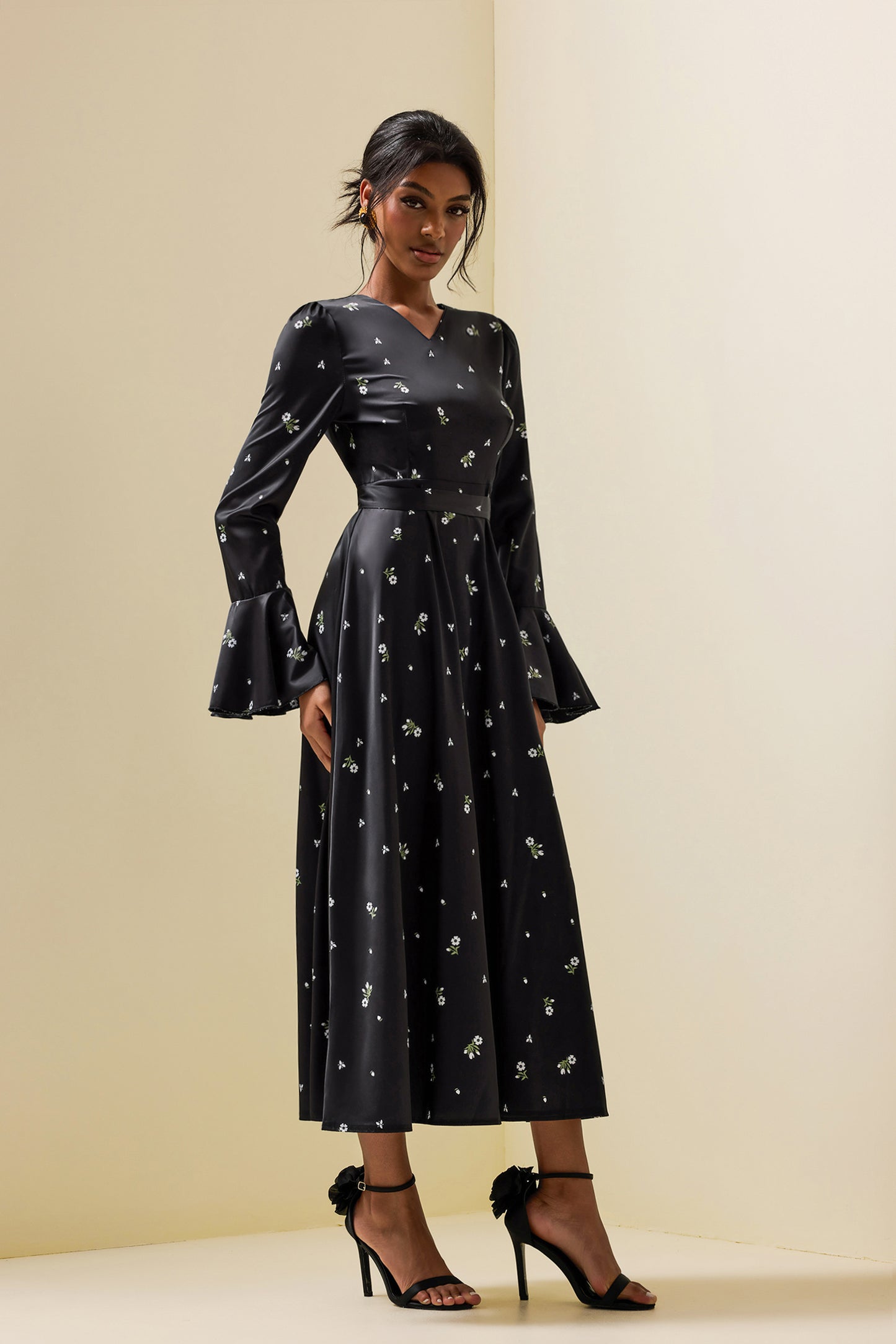Satin Floral Ball Sleeve Midi Dress