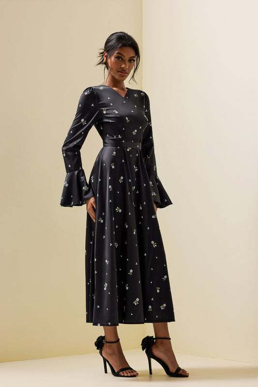 Satin Floral Ball Sleeve Midi Dress