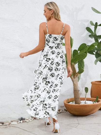 Printed Dress V-Neck Spaghetti Straps Faxu Wrap Belted Summer Midi Dresses