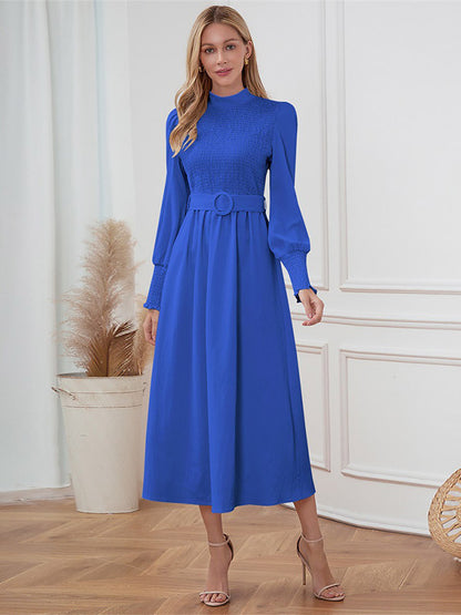 Midi Dress Pleated Polyester Elegant Crewneck Long Sleeves