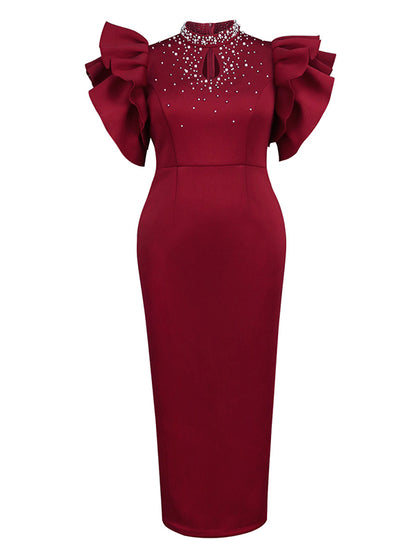 Solid Color Tied Waist Beaded High-Waisted  Bodycon Midi Dresses