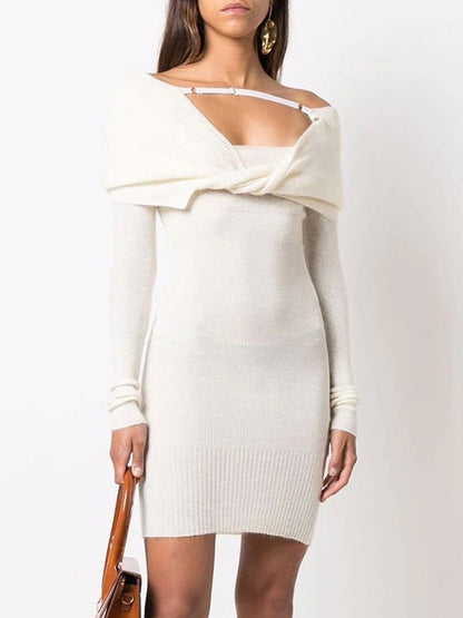 White Bodycon Dress Foldover Long Sleeves Twisted-Front Pencil Mini Dresses