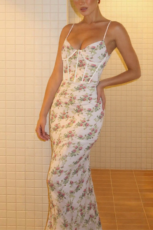 Spaghetti Strap Corset Floral Print Bodycon Maxi Dress