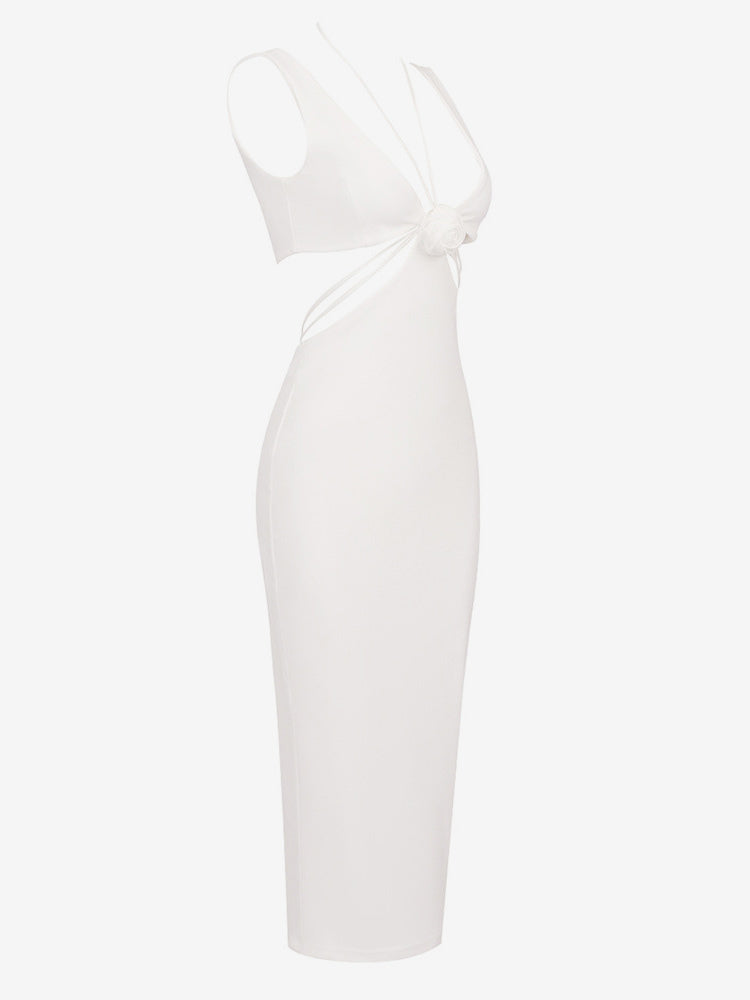 Party Dress 3D Flower Sleeveless U-Back Sexy Bodycon Midi Dresses