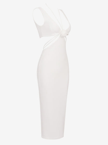Party Dress 3D Flower Sleeveless U-Back Sexy Bodycon Midi Dresses
