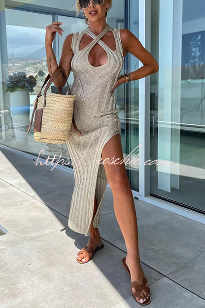 Malibu Scrunch Knit Cross Neckline Slit Midi Dress