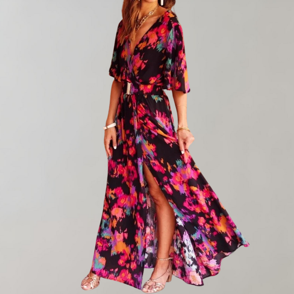 Abstract Print Wrap V-Neck Flutter Sleeve Belted High Slit Maxi Dress
