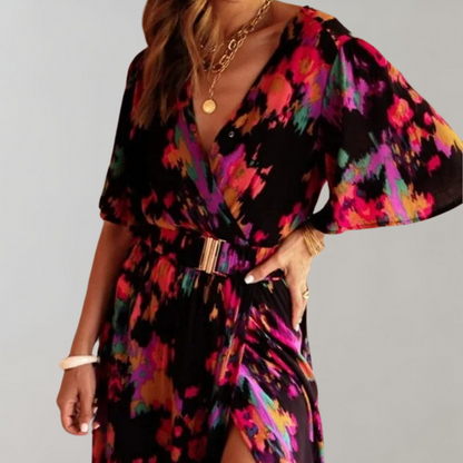 Abstract Print Wrap V-Neck Flutter Sleeve Belted High Slit Maxi Dress