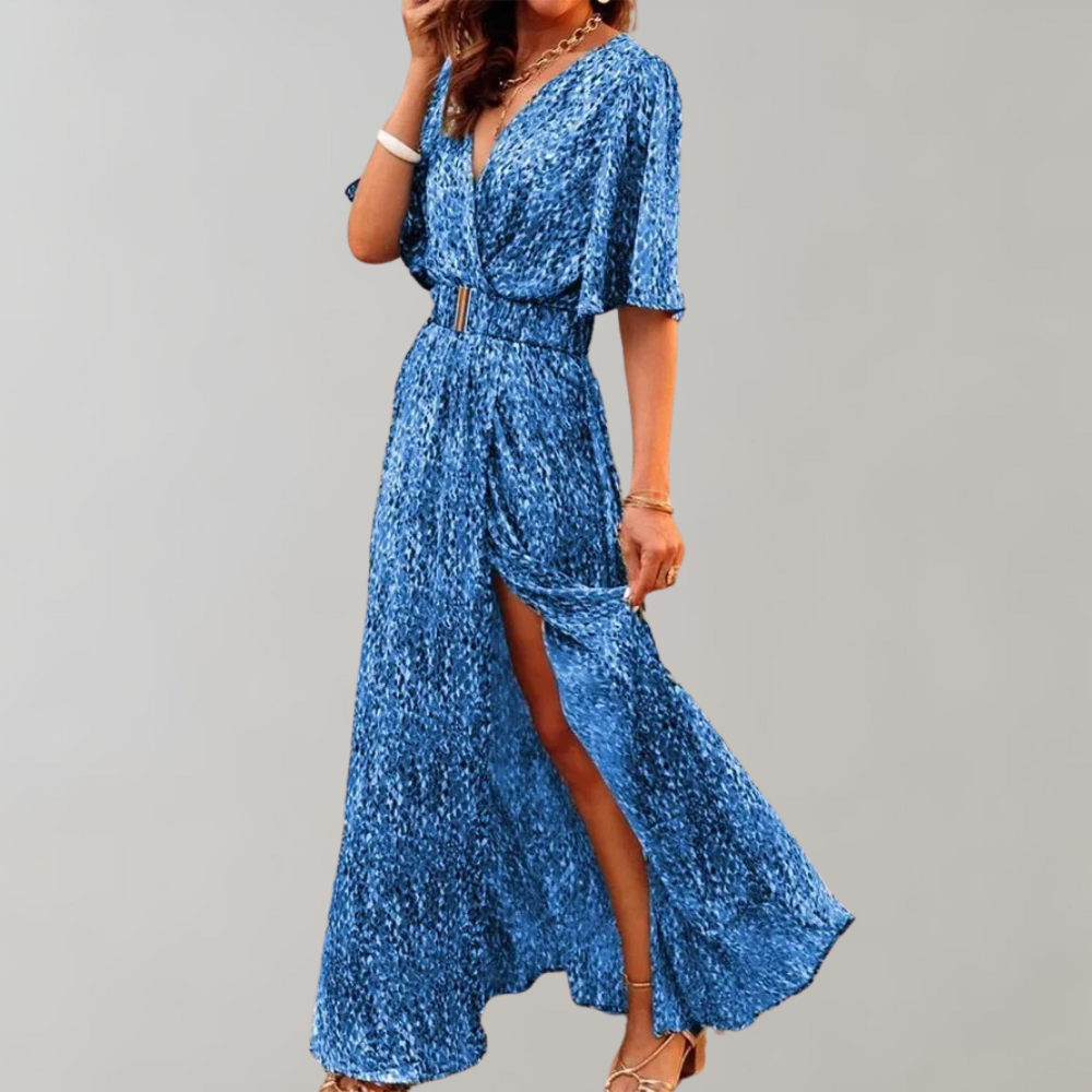 Abstract Print Wrap V-Neck Flutter Sleeve Belted High Slit Maxi Dress