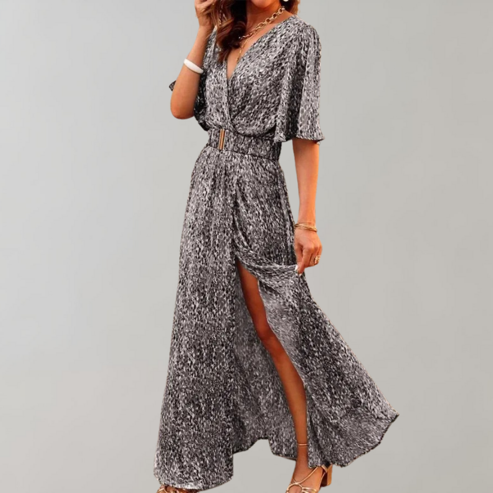 Abstract Print Wrap V-Neck Flutter Sleeve Belted High Slit Maxi Dress