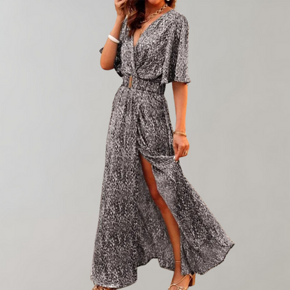 Abstract Print Wrap V-Neck Flutter Sleeve Belted High Slit Maxi Dress