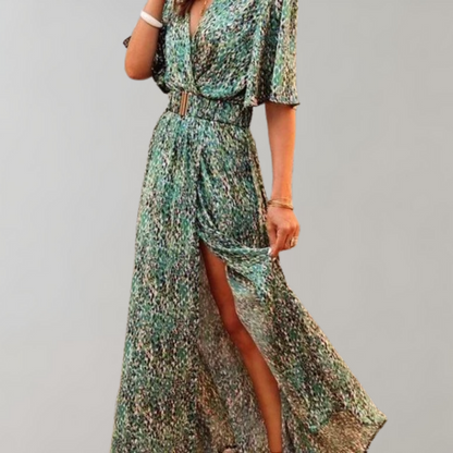 Abstract Print Wrap V-Neck Flutter Sleeve Belted High Slit Maxi Dress
