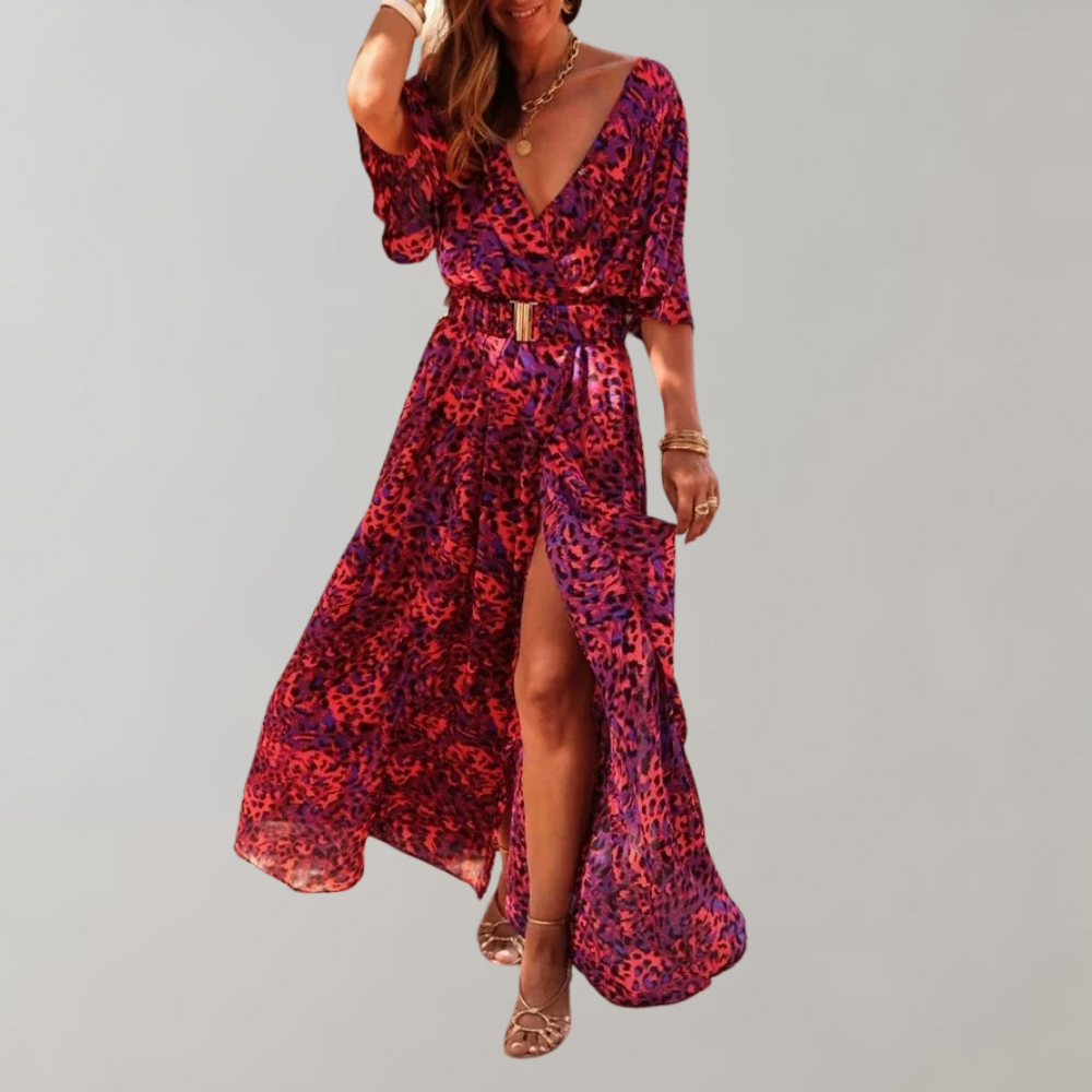 Abstract Print Wrap V-Neck Flutter Sleeve Belted High Slit Maxi Dress