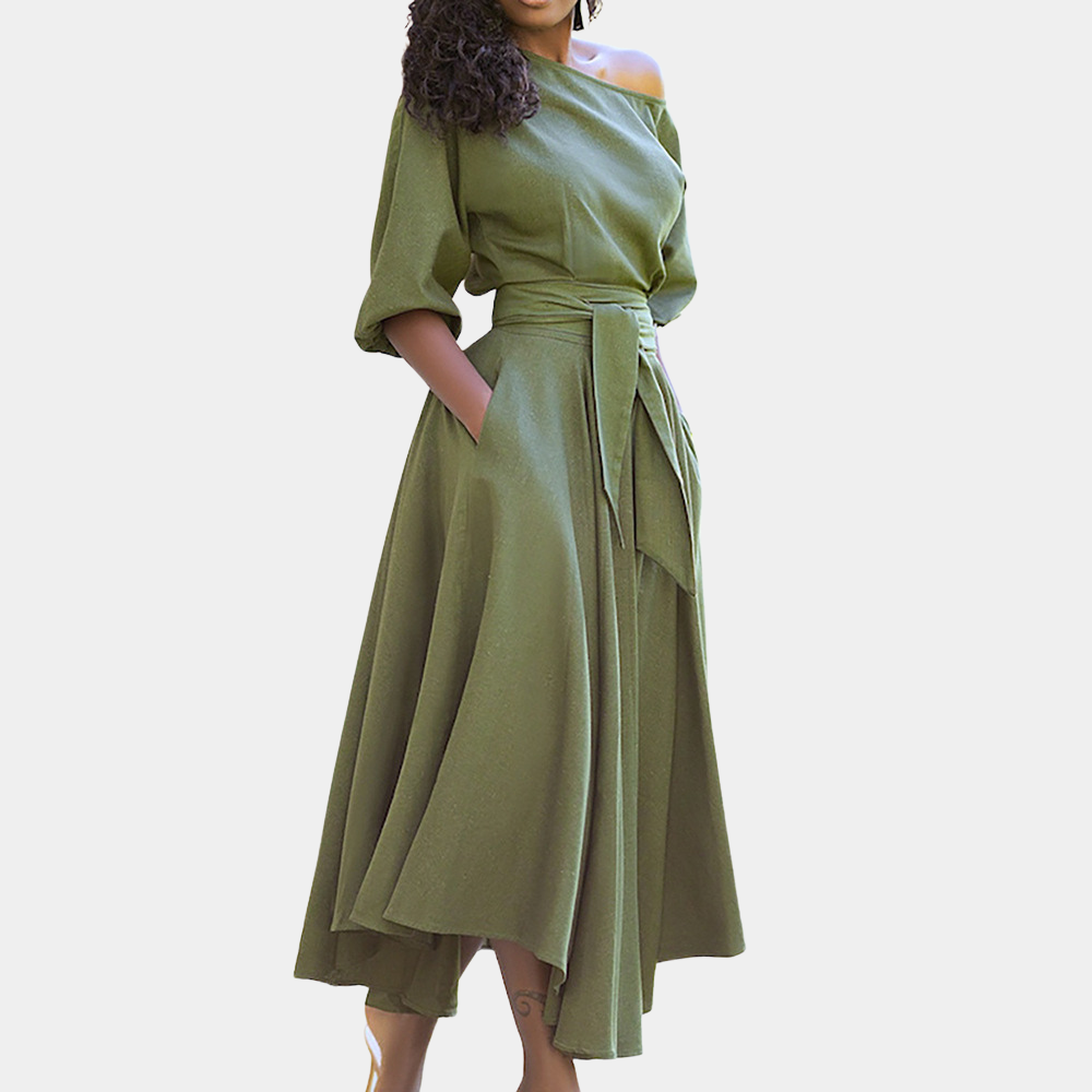 One Shoulder Puff Sleeve Self Tie Waist Asymmetrical Hem Pocket Midi Dress