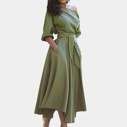 One Shoulder Puff Sleeve Self Tie Waist Asymmetrical Hem Pocket Midi Dress