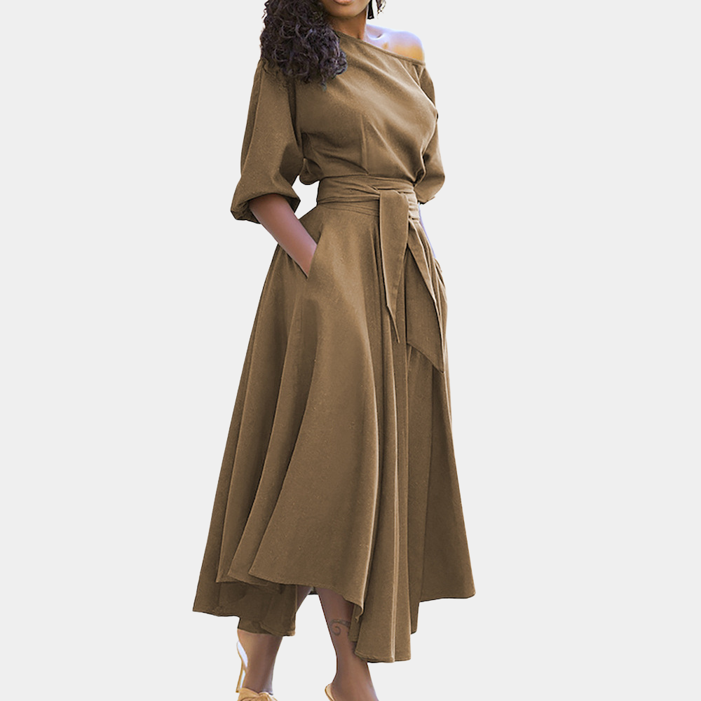 One Shoulder Puff Sleeve Self Tie Waist Asymmetrical Hem Pocket Midi Dress