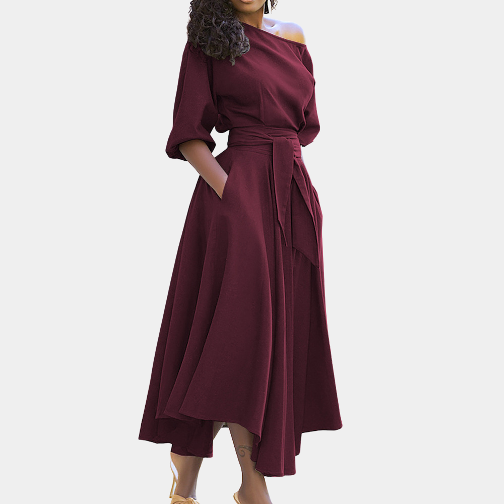One Shoulder Puff Sleeve Self Tie Waist Asymmetrical Hem Pocket Midi Dress