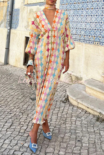 Gorgeous Sunshine Colorful Unique Print Kimono Puff Sleeve Midi Dress