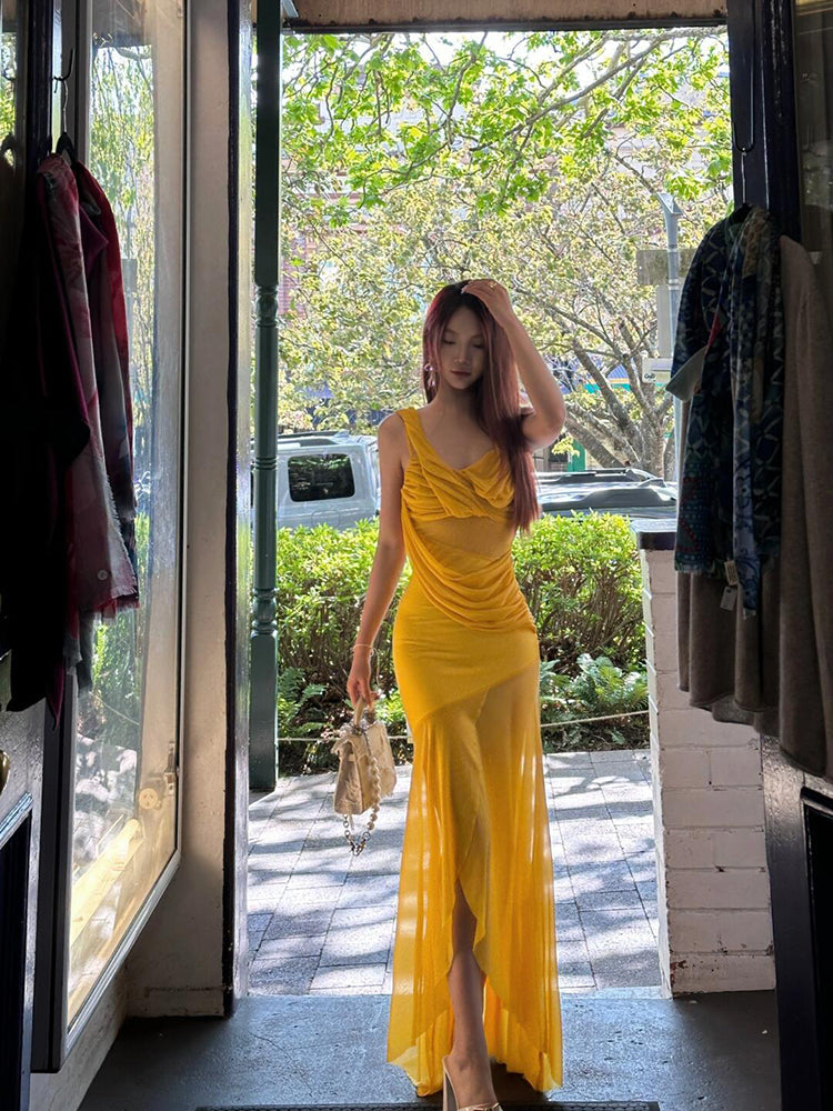 Golden Mesh Ruffle V-Neck Maxi Dress – Flowing & Photogenic Beach Gown