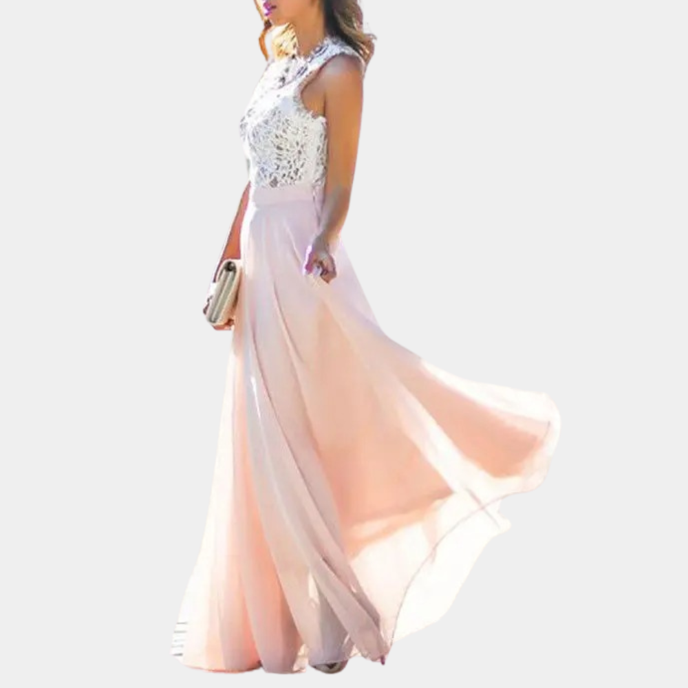 High Neck Floral Lace Bodice Chiffon Flowing Maxi Gown
