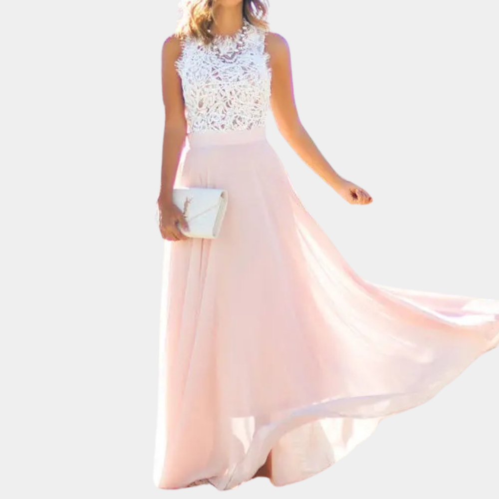 High Neck Floral Lace Bodice Chiffon Flowing Maxi Gown