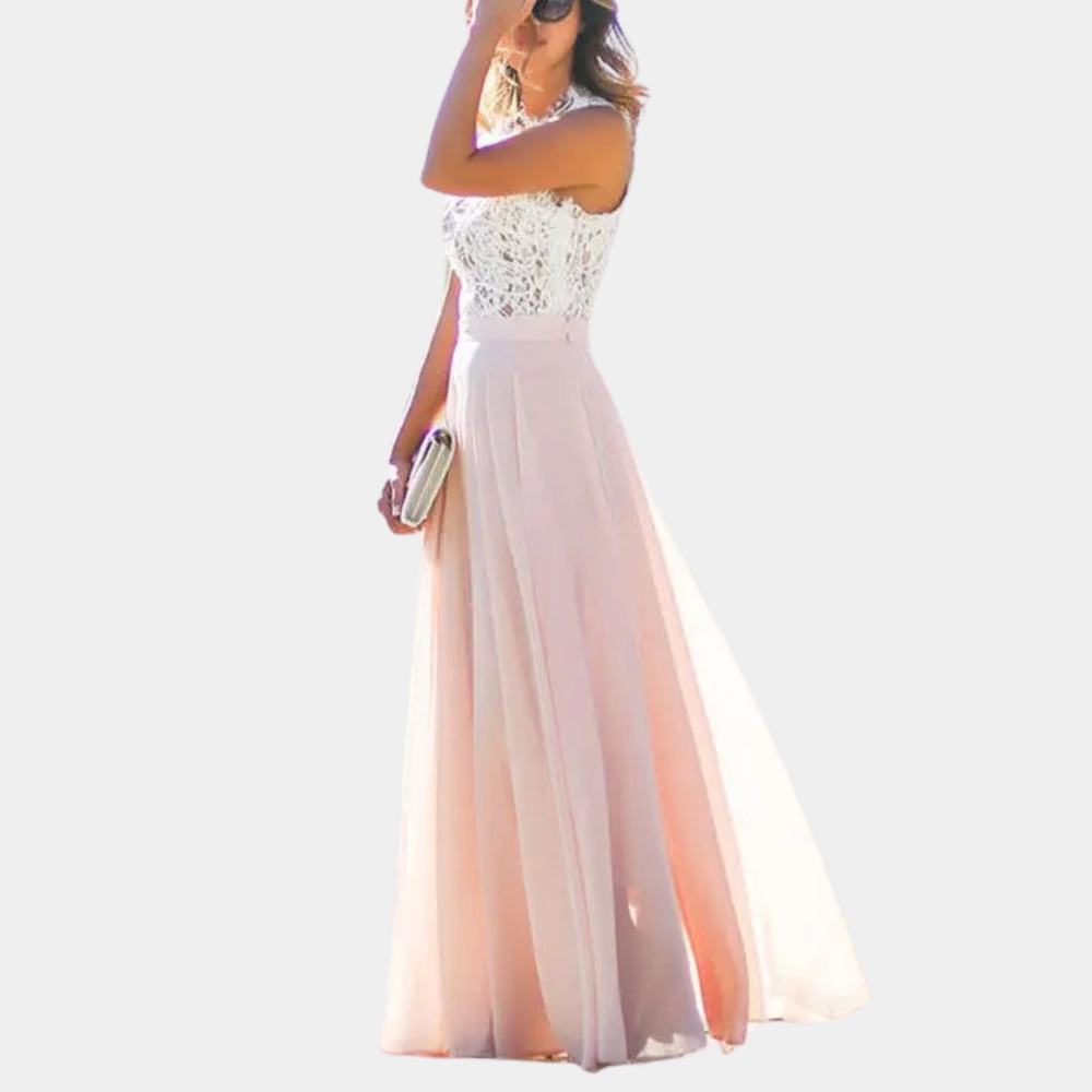 High Neck Floral Lace Bodice Chiffon Flowing Maxi Gown