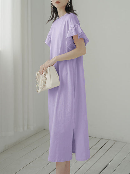Casual Loose Short Sleeves Falbala Solid Color Round-Neck Midi Dresses