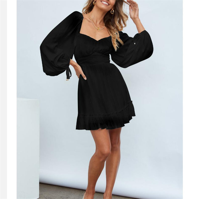 Ruffle Long Sleeve Square Collar Mini Dress in Multiple Colors