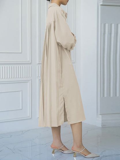 Loose Three-quarter Sleeves Buttoned Split-side Lapel Midi Dresses Shirt Dress