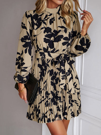 High Waisted Long Sleeves Flower Print Pleated Tied Waist Mock Neck Mini Dresses