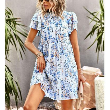 Bohemian Print Mini Dress with Round Neck for Women