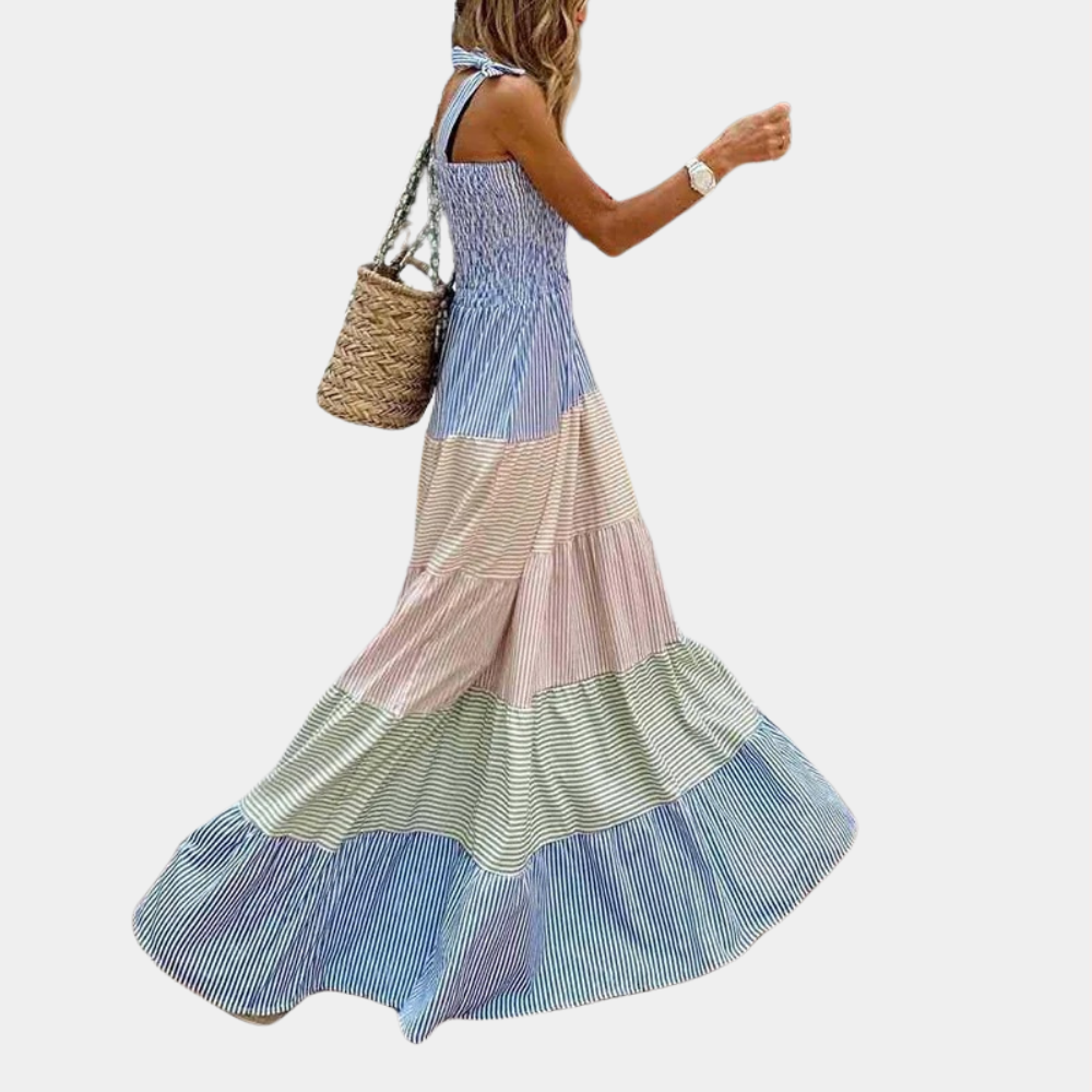 Smocked Square Neck Tie Shoulder Vertical Stripe Tiered Midi Dress