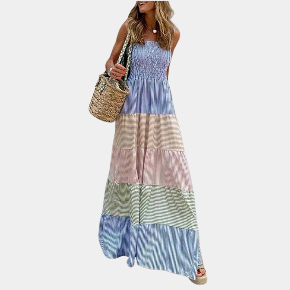 Smocked Square Neck Tie Shoulder Vertical Stripe Tiered Midi Dress