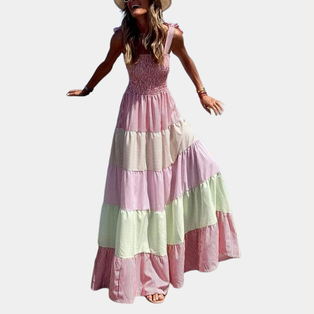 Smocked Square Neck Tie Shoulder Vertical Stripe Tiered Midi Dress