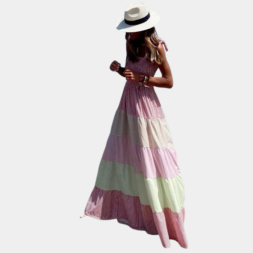 Smocked Square Neck Tie Shoulder Vertical Stripe Tiered Midi Dress
