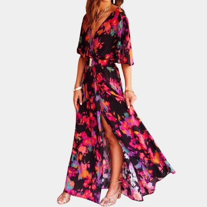 Deep V Neck Flutter Sleeve Belted Wrap Abstract Print High Slit Maxi Dress
