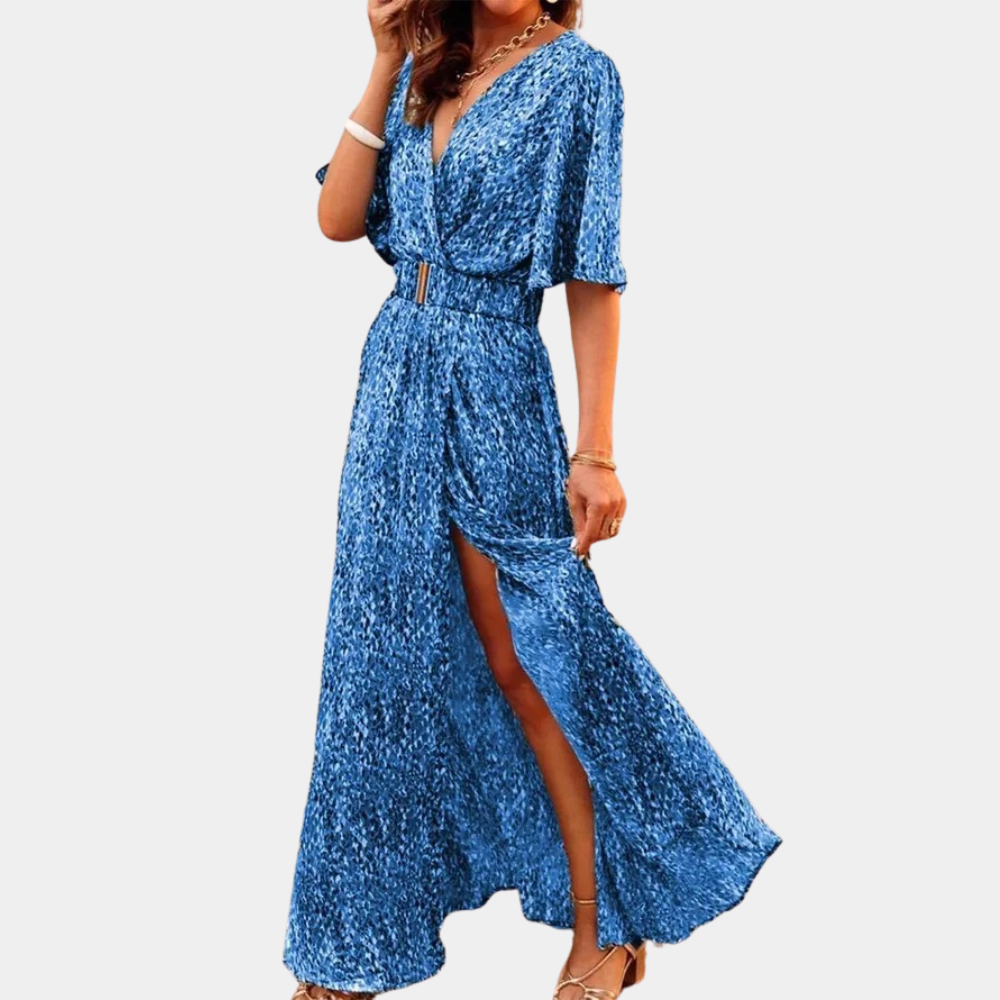Deep V Neck Flutter Sleeve Belted Wrap Abstract Print High Slit Maxi Dress
