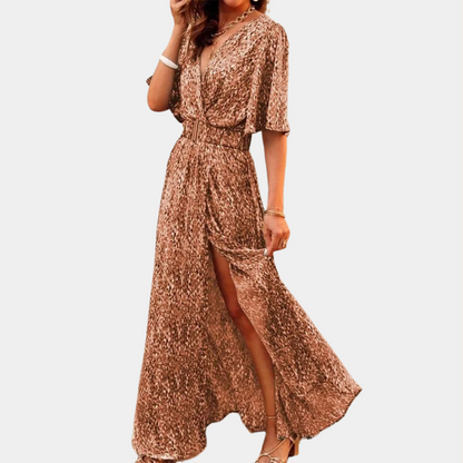 Deep V Neck Flutter Sleeve Belted Wrap Abstract Print High Slit Maxi Dress