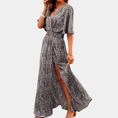 Deep V Neck Flutter Sleeve Belted Wrap Abstract Print High Slit Maxi Dress
