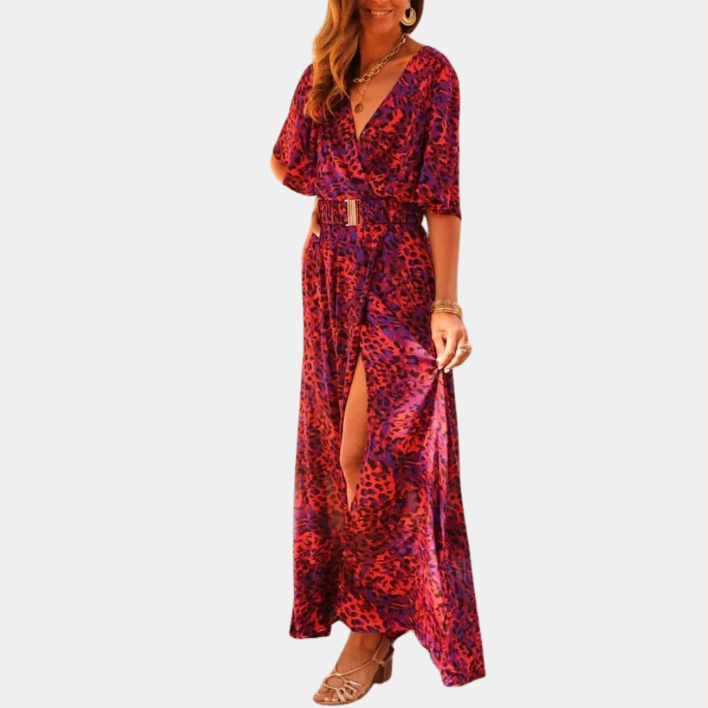 Deep V Neck Flutter Sleeve Belted Wrap Abstract Print High Slit Maxi Dress