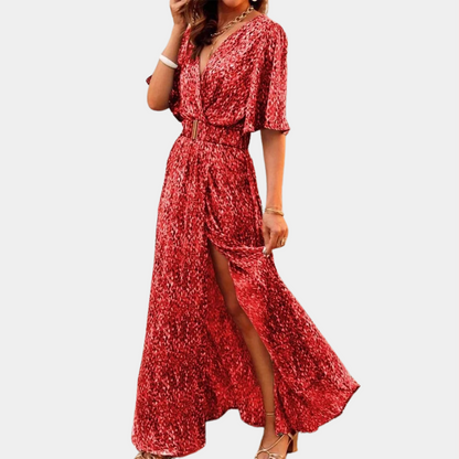 Deep V Neck Flutter Sleeve Belted Wrap Abstract Print High Slit Maxi Dress