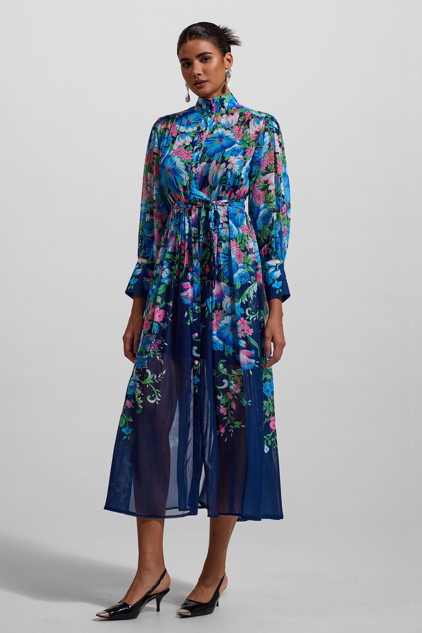Floral Stand Collar Long Sleeve Midi Dress