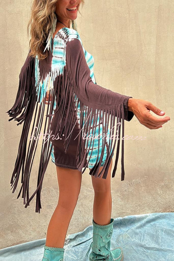 KONI Tie-dye Print Long Fringed Sleeve Crew Neck Stretch Mini Dress