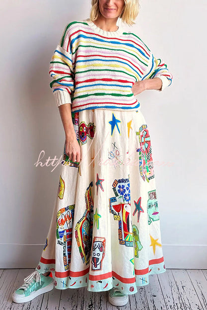 Miami Happy Hour Linen Blend Unique Print Smocked Back Pocketed Midi Dress